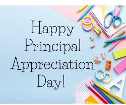 Happy Principal Appreciation Day text surrounded by various school supplies. 